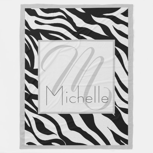 Aangepaste monogram zwarte en witte zebrastripes fleece deken (Voorkant)