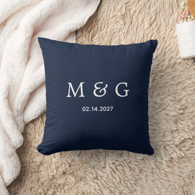 Aangepaste Monogramdatum Navy Vierkante Worp Kusse Kussen (Deken)