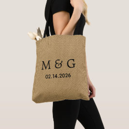 Aangepaste monogramdatum op natuurlijke jute patro tote bag