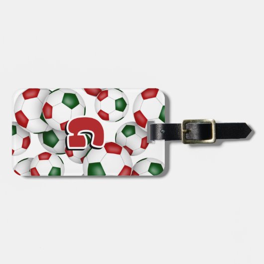 Aangepaste Monogrammed Atleten Rood Groen Voetbal Bagagelabel (Voorkant horizontaal)