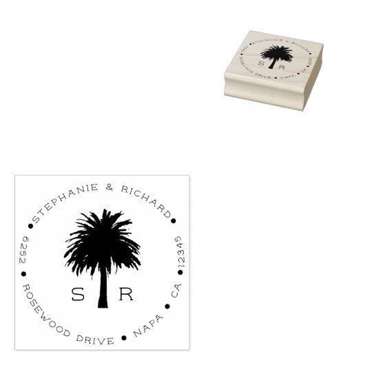 Aangepaste Monogrammed Beach Palm Trees Retouradre Rubberstempel (Gestempeld)