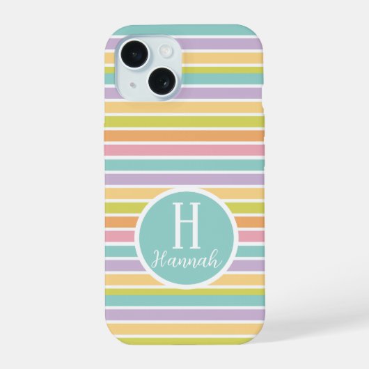 Aangepaste Monogrammed Gestreepte Pastelpatroon iPhone 15 Case (Achterkant)