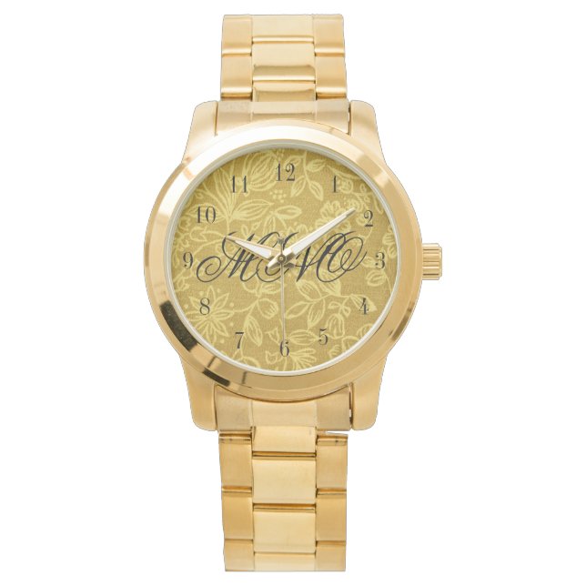 Aangepaste monogrammed Gold Floral Horloge (Voorkant)
