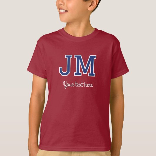Aangepaste Monogrammed Naam Tekst Blue Maroon Grap T-shirt (Voorkant)