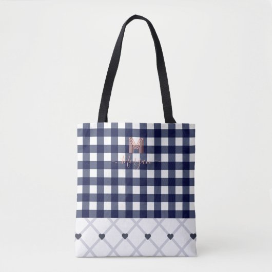 Aangepaste Monogrammed Navy Blue Geruit Tas (Voorkant)
