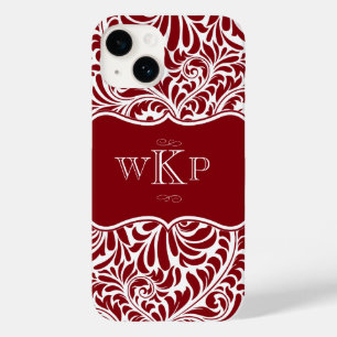 Aangepaste Monogrammen Cranberry Damask Pattern Ca Case-Mate iPhone 14 Hoesje
