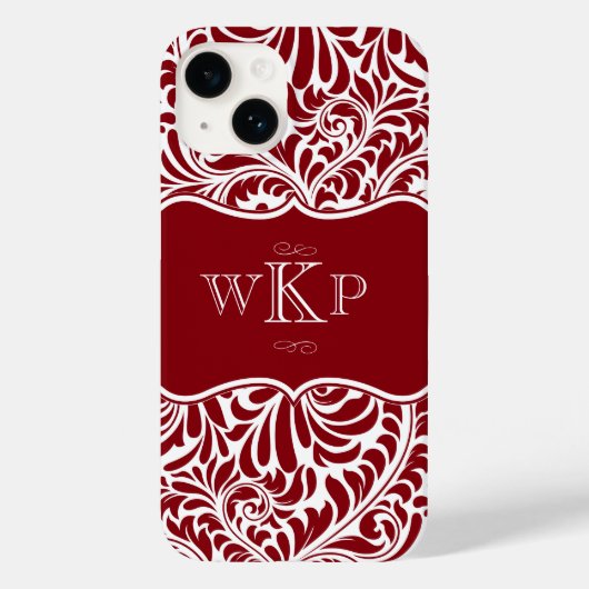 Aangepaste Monogrammen Cranberry Damask Pattern Ca Case-Mate iPhone Case (Achterkant)