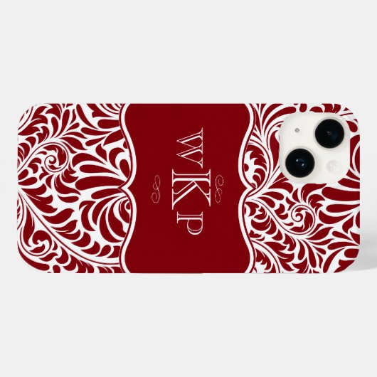 Aangepaste Monogrammen Cranberry Damask Pattern Ca Case-Mate iPhone Case (Achterkant (horizontaal))