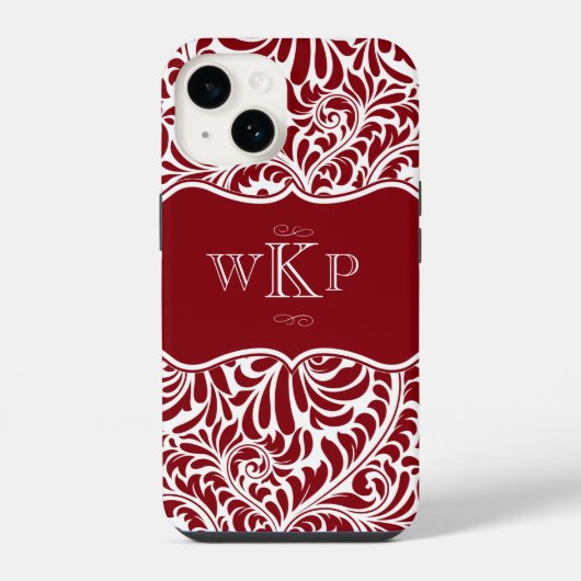Aangepaste Monogrammen Cranberry Damask Pattern Ca iPhone Hoesje (Achterkant)