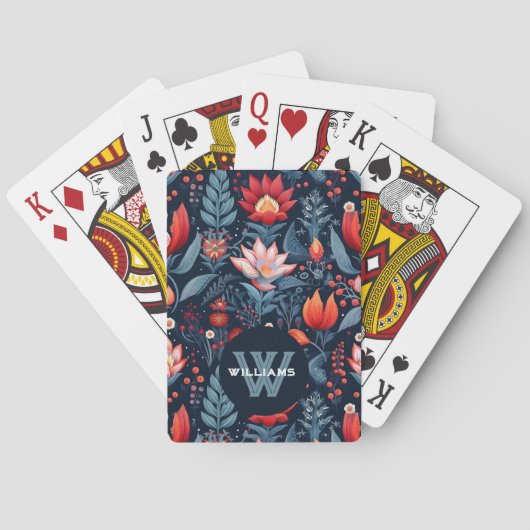 Aangepaste monogramnaam donker bloempatroon  pokerkaarten (Achterkant)