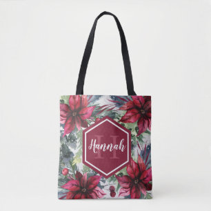 Aangepaste monogramnaam rode poinsettia tote bag