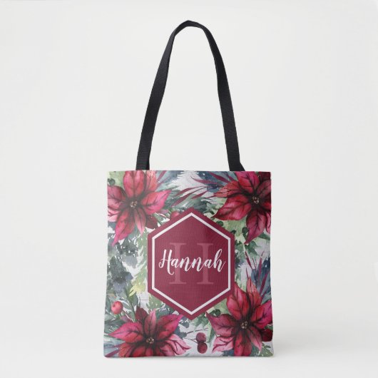Aangepaste monogramnaam rode poinsettia tote bag (Voorkant)