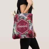 Aangepaste monogramnaam rode poinsettia tote bag (Dichtbij)