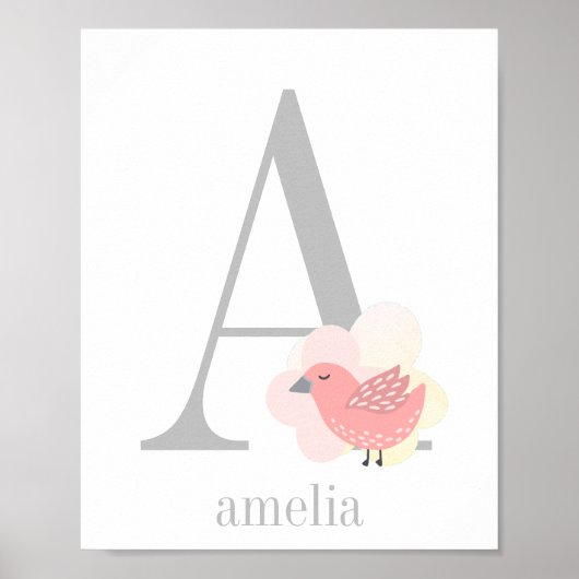 Aangepaste monogramnaam Roze Vogel Meisjes Nursery Poster (Voorkant)