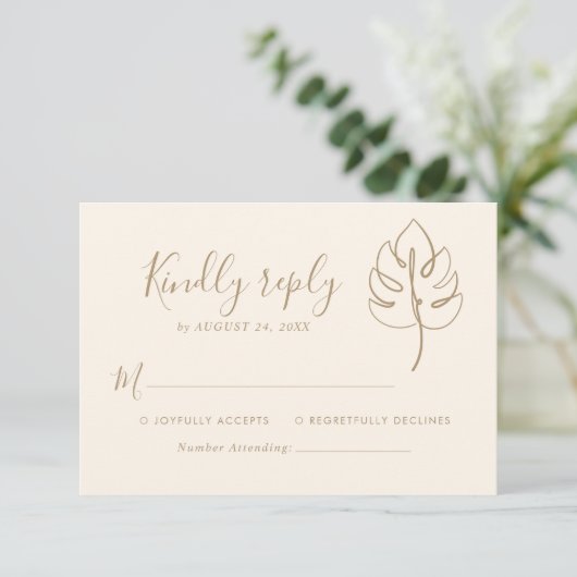 Aangepaste Monstera Monogram Bruiloft Logo RSVP Kaartje (Staand voorkant)