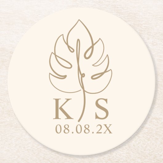Aangepaste Monstera Monogram Sla de datum op Logo Ronde Kartonnen Onderzetter (Voorkant)