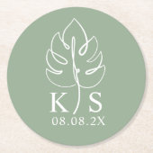 Aangepaste Monstera Monogram Sla de datum op Logo Ronde Kartonnen Onderzetter (Voorkant)
