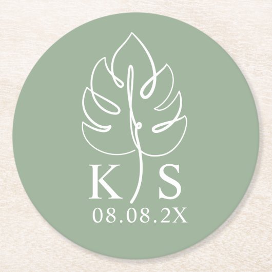 Aangepaste Monstera Monogram Sla de datum op Logo Ronde Kartonnen Onderzetter (Voorkant)