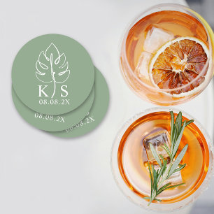 Aangepaste Monstera Monogram Sla de datum op Logo Ronde Kartonnen Onderzetter