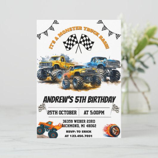 Aangepaste monstertruck auto's verjaardagsfeestje kaart (Staand voorkant)