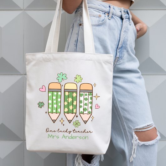Aangepaste Mop Retro Eén Geluksleraar Potlood Tote Bag