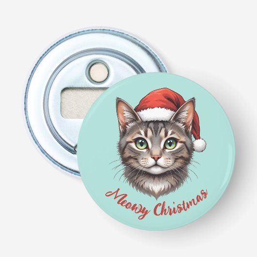 Aangepaste Mopige Kerstkat met Kerstmannenhoed Button Flesopener (Voorkant)