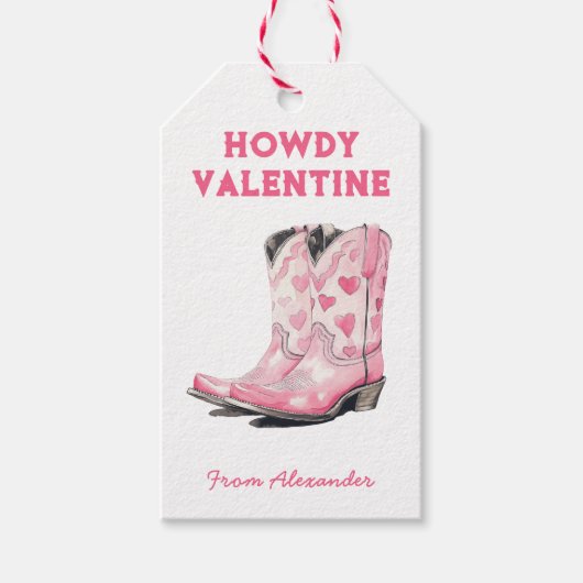 Aangepaste Moppertje Roze Cowboylaars Howdy Valent Cadeaulabel (Voorkant)