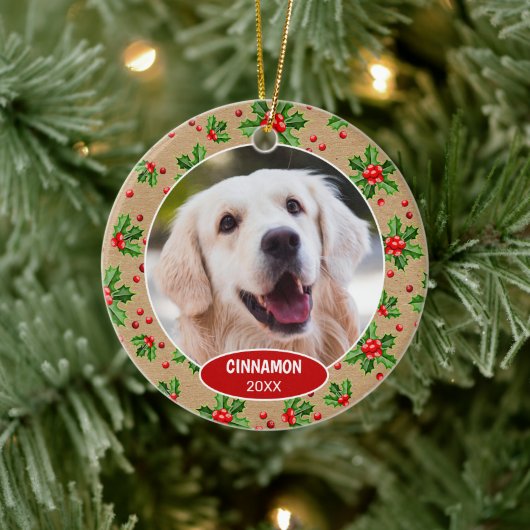 Aangepaste Mopshond Foto 1e Kerst op Hulstbes Keramisch Ornament (Boom)