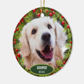 Aangepaste Mopshond Foto 1e Kerstmis Op Hulst Bes Keramisch Ornament (Links)