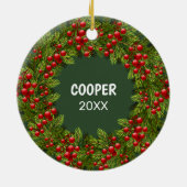 Aangepaste Mopshond Foto 1e Kerstmis Op Hulst Bes Keramisch Ornament (Achterkant)