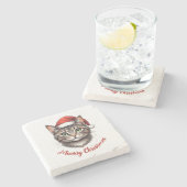 Aangepaste Mopshond Kerstkat met Kerstmannenhoed Stenen Onderzetter (Zijkant)