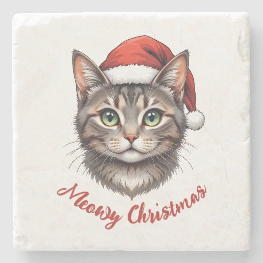 Aangepaste Mopshond Kerstkat met Kerstmannenhoed Stenen Onderzetter (Voorkant)