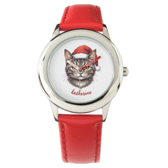Aangepaste Mopshond Kerstkat met Sinterklaashoed Horloge (Voorkant)