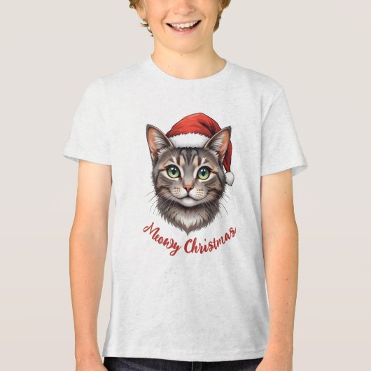 Aangepaste Mopshond Kerstkat met Sinterklaashoed Tri-Blend Shirt (Voorkant)