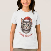 Aangepaste Mopshond Kerstkat met Sinterklaashoed Tri-Blend Shirt (Voorkant)