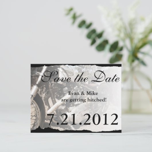 Aangepaste motorfiets Biker Save the Date Briefkaa Aankondigingskaart (Staand voorkant)
