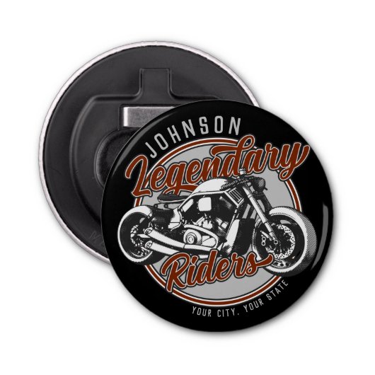 Aangepaste motorfietsLegendary Rider Biker NAAM Button Flesopener (Voorkant)