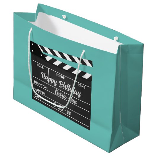 Aangepaste Movie Clapboard Aqua Large Gift Bag Groot Cadeauzakje (Voorkant Gekanteld)
