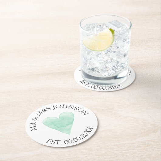 Aangepaste mr mrs mint hart trouwfeest coasters ronde kartonnen onderzetter (Insitu)