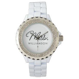 Aangepaste Mrs Est. Modern Elegant Script Pas getr Horloge