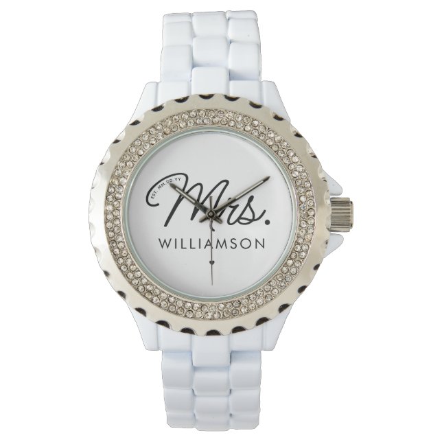 Aangepaste Mrs Est. Modern Elegant Script Pas getr Horloge (Voorkant)
