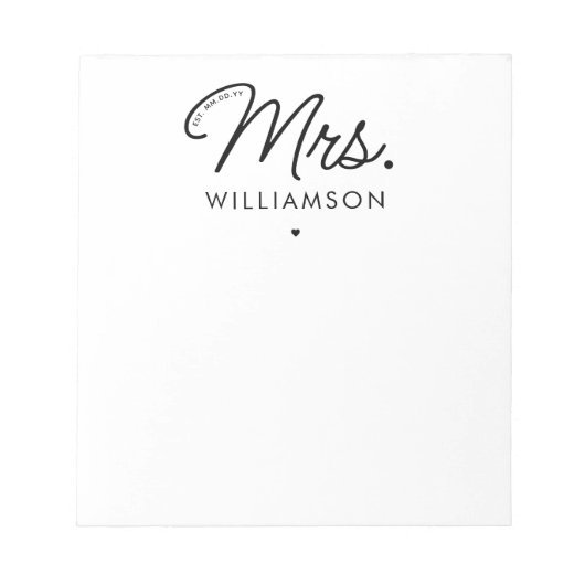 Aangepaste Mrs Est. Modern Elegant Script Pas getr Notitieblok (Voorkant)