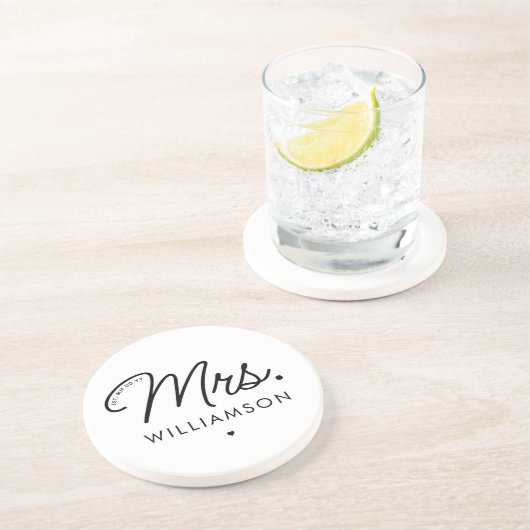 Aangepaste Mrs Est. Modern Elegant Script Pas getr Zandsteen Onderzetter (Zijkant)