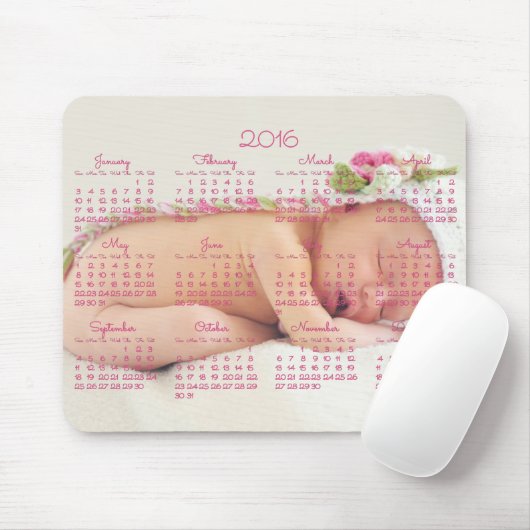 Aangepaste Muismat roze kalender 2016 Baby Foto (Met muis)