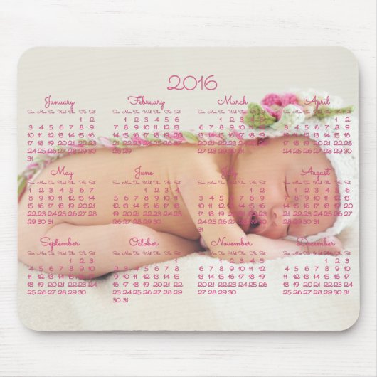 Aangepaste Muismat roze kalender 2016 Baby Foto (Voorkant)
