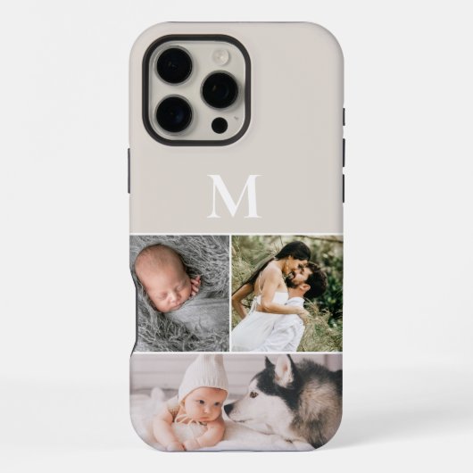 Aangepaste Multi foto Neutraal Beige Monogram iPhone Hoesje (Achterkant)