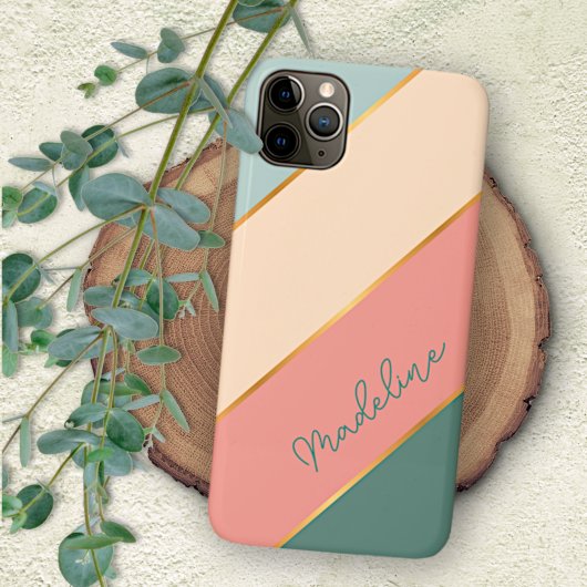 Aangepaste munt teal groene perzik blos roze strep iPhone hoesje