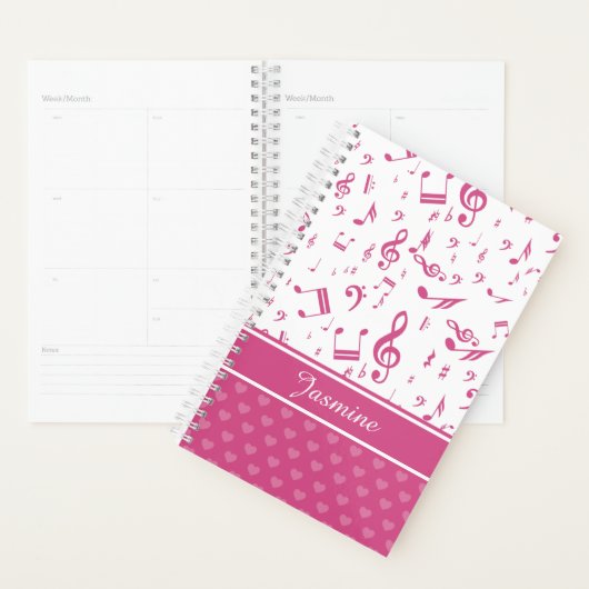 Aangepaste Muzieknoten en Hearts Patroon roze wit Planner (Display)