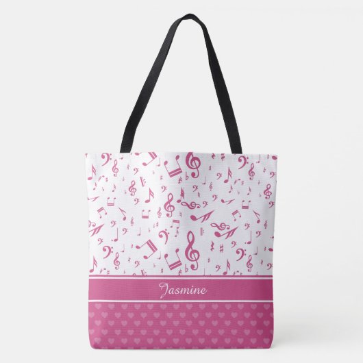Aangepaste Muzieknoten en Hearts Patroon roze wit Tote Bag (Voorkant)