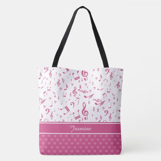 Aangepaste Muzieknoten en Hearts Patroon roze wit Tote Bag (Achterkant)